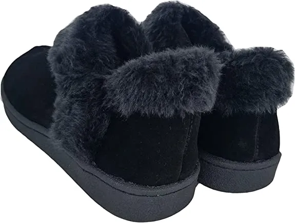 Clarks Black Suede Leather Faux Fur Lined Comfortable Rounded Toe Ankle Slippers