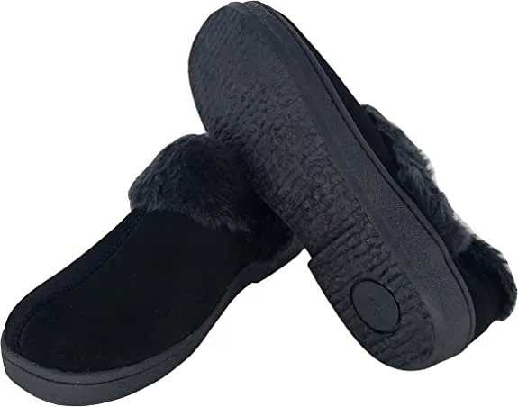 Clarks Black Suede Leather Faux Fur Lined Comfortable Rounded Toe Ankle Slippers