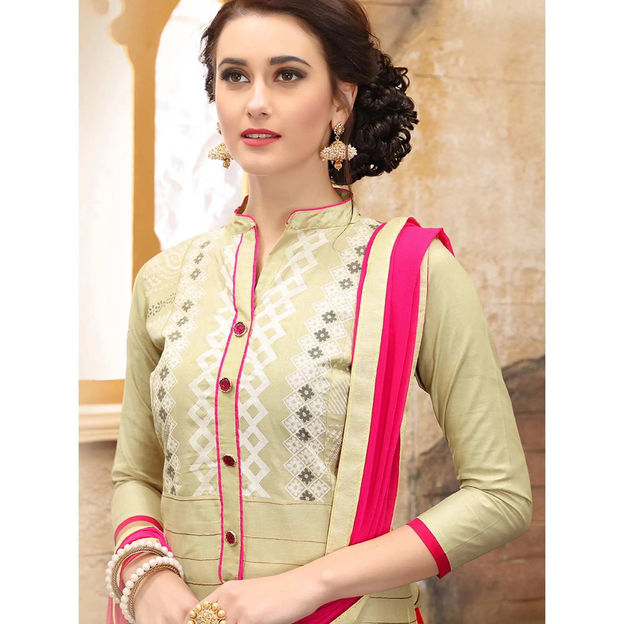 Classy Cream Colored Party Wear Embroidered Cotton Dress Material