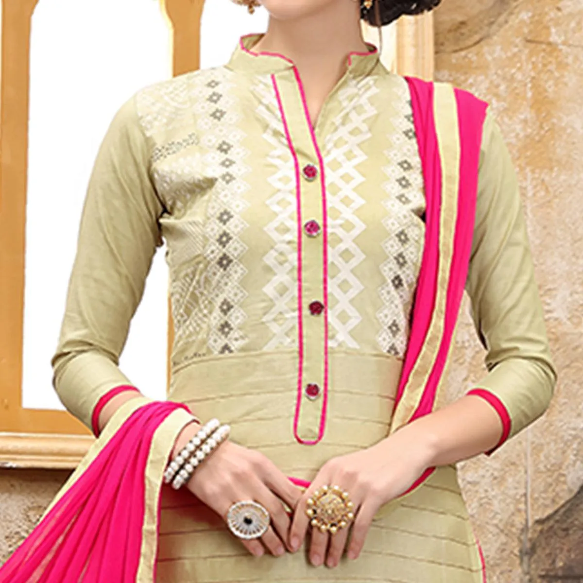 Classy Cream Colored Party Wear Embroidered Cotton Dress Material