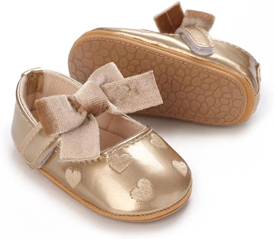 Clowora Infant Toddler Baby Girl Dress Shoes Mary Jane First Walking PU Leather Princess Wedding Rubber Sole Non-Slip with Bowknot Floral Flats