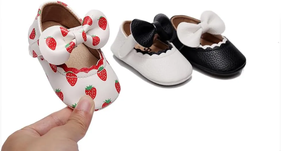 Clowora Infant Toddler Baby Girl Dress Shoes Mary Jane First Walking PU Leather Princess Wedding Rubber Sole Non-Slip with Bowknot Floral Flats