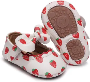 Clowora Infant Toddler Baby Girl Dress Shoes Mary Jane First Walking PU Leather Princess Wedding Rubber Sole Non-Slip with Bowknot Floral Flats