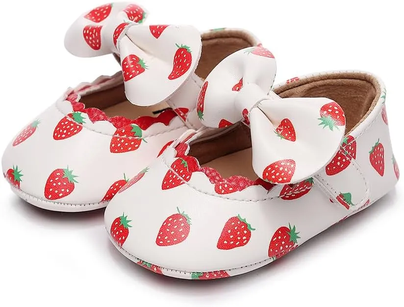 Clowora Infant Toddler Baby Girl Dress Shoes Mary Jane First Walking PU Leather Princess Wedding Rubber Sole Non-Slip with Bowknot Floral Flats