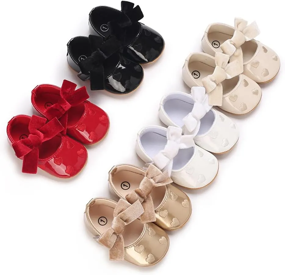 Clowora Infant Toddler Baby Girl Dress Shoes Mary Jane First Walking PU Leather Princess Wedding Rubber Sole Non-Slip with Bowknot Floral Flats