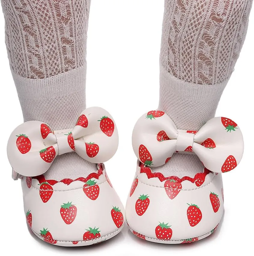 Clowora Infant Toddler Baby Girl Dress Shoes Mary Jane First Walking PU Leather Princess Wedding Rubber Sole Non-Slip with Bowknot Floral Flats