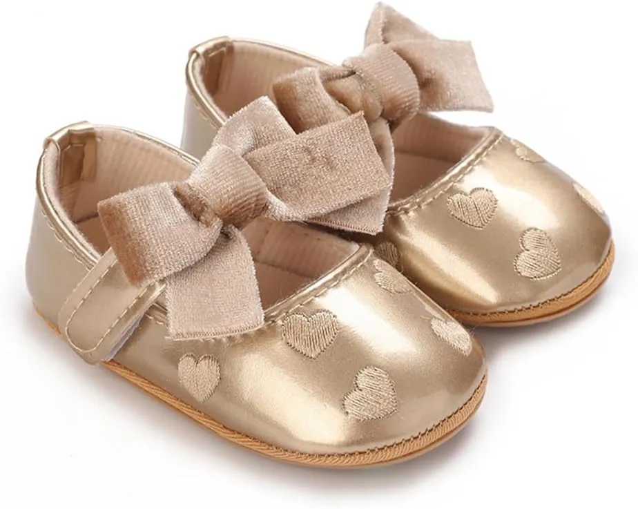 Clowora Infant Toddler Baby Girl Dress Shoes Mary Jane First Walking PU Leather Princess Wedding Rubber Sole Non-Slip with Bowknot Floral Flats