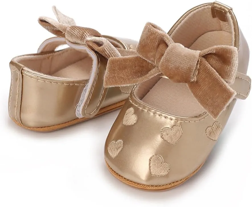 Clowora Infant Toddler Baby Girl Dress Shoes Mary Jane First Walking PU Leather Princess Wedding Rubber Sole Non-Slip with Bowknot Floral Flats