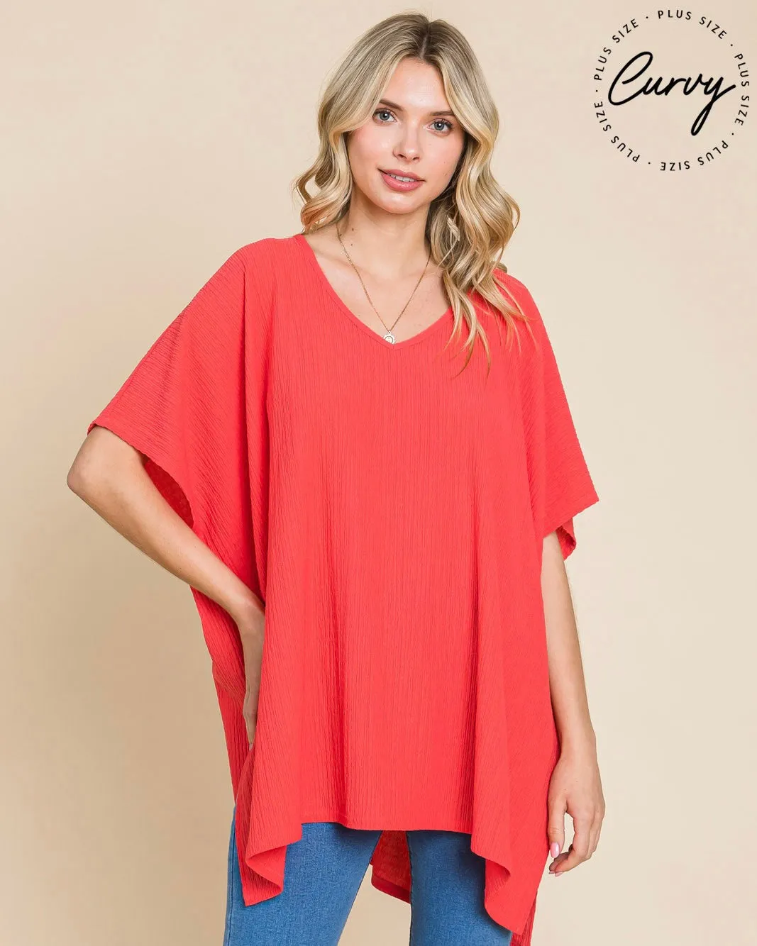 Coral VNeck Drop Shoulder Boxy Crepe Gauze Oversized Short Sleeve Top