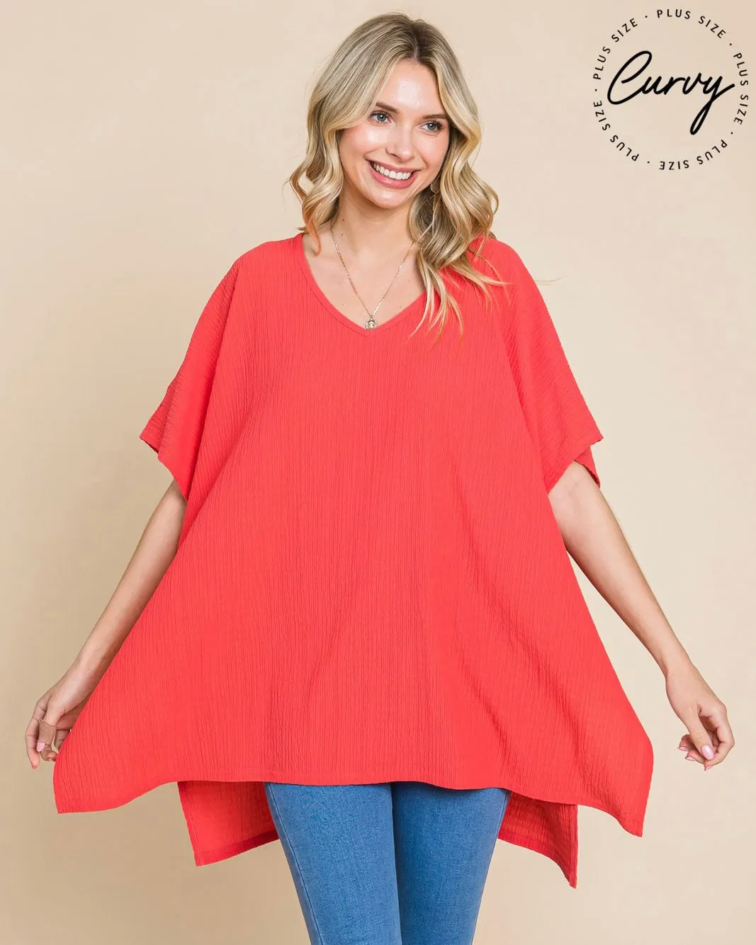 Coral VNeck Drop Shoulder Boxy Crepe Gauze Oversized Short Sleeve Top