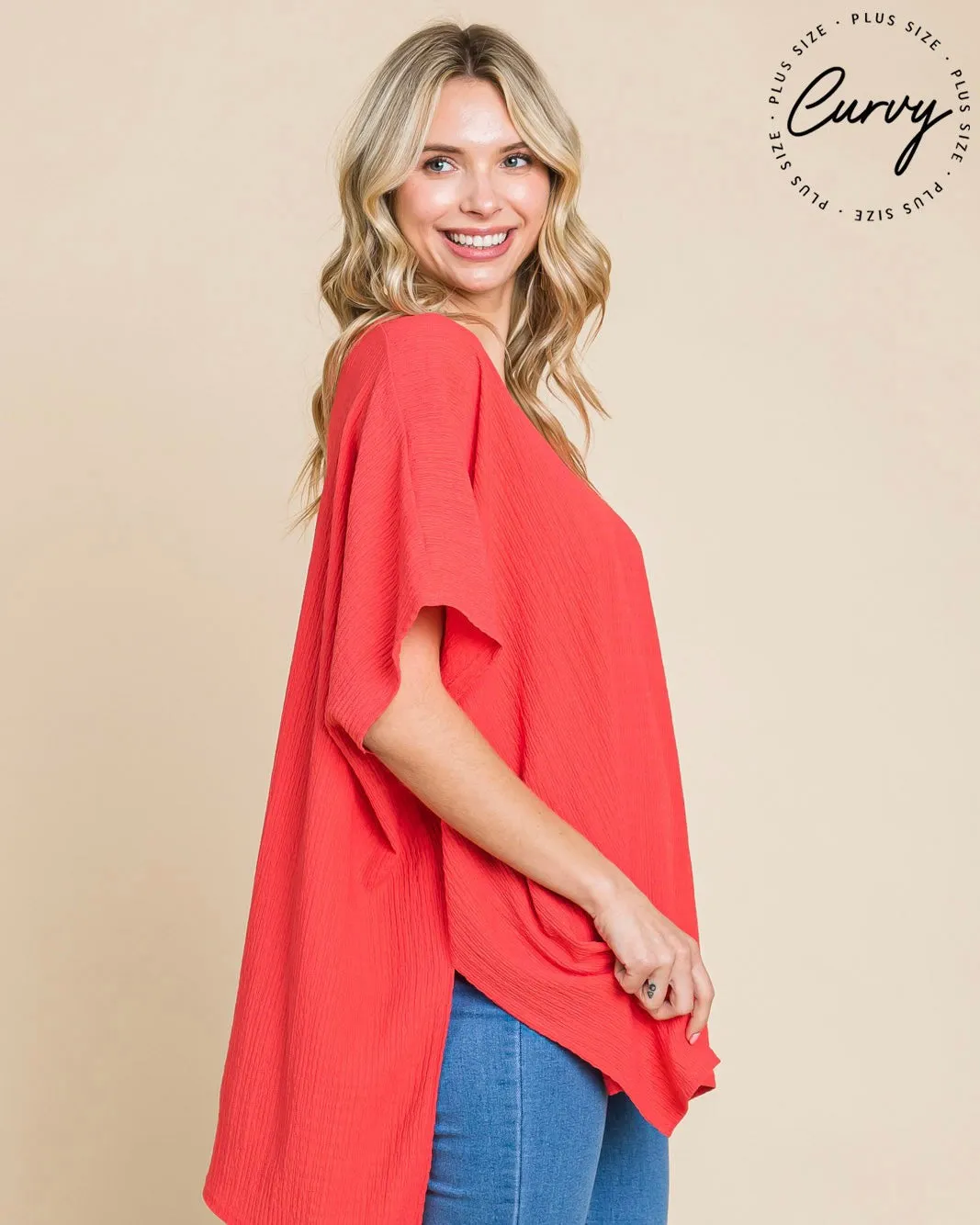 Coral VNeck Drop Shoulder Boxy Crepe Gauze Oversized Short Sleeve Top