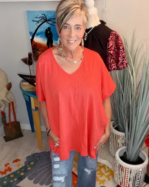Coral VNeck Drop Shoulder Boxy Crepe Gauze Oversized Short Sleeve Top
