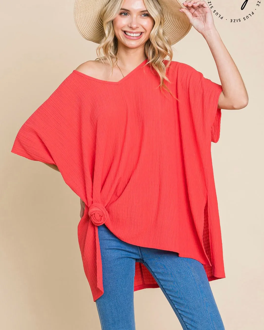 Coral VNeck Drop Shoulder Boxy Crepe Gauze Oversized Short Sleeve Top