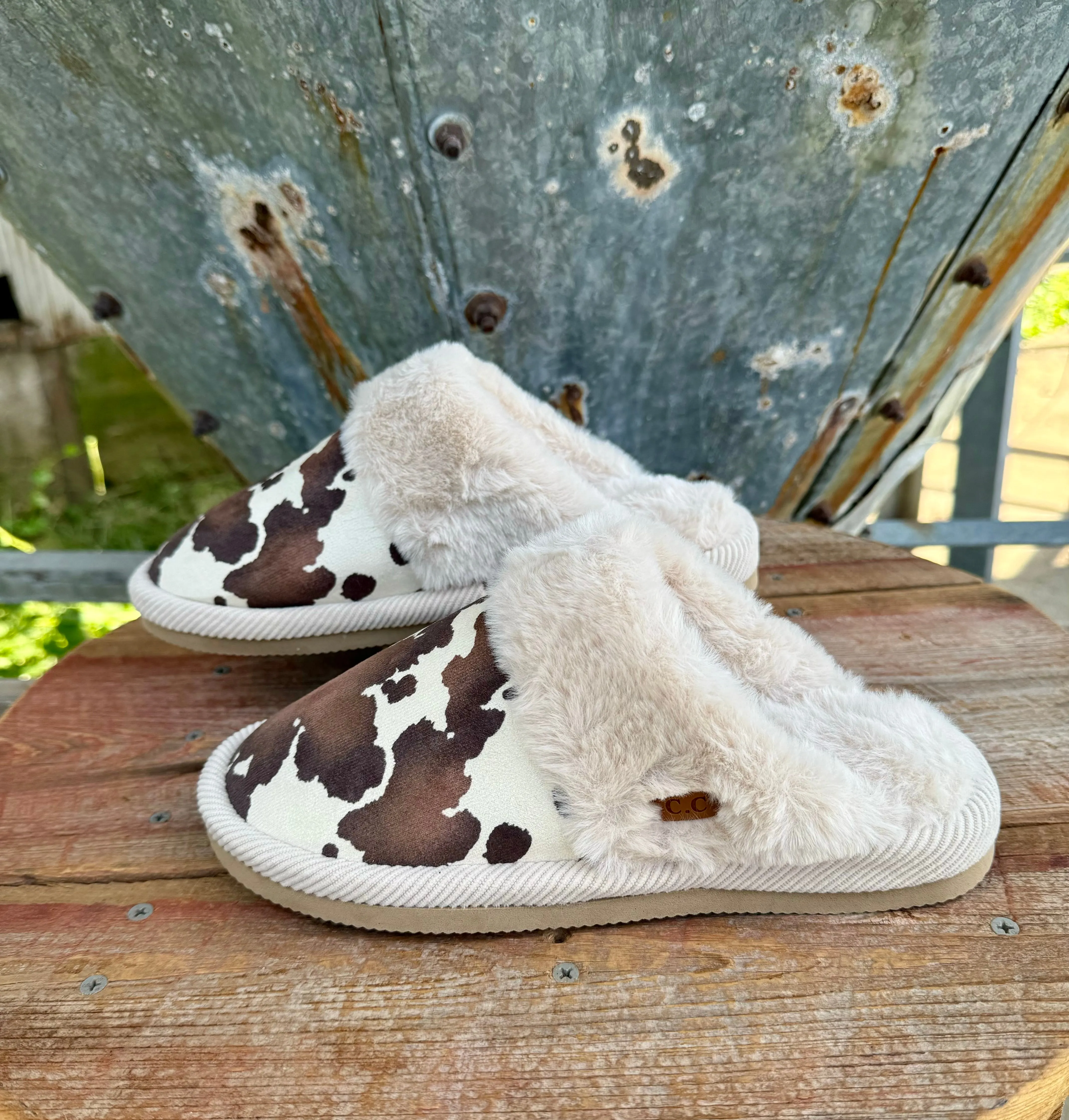 Cow Print Fur Slippers