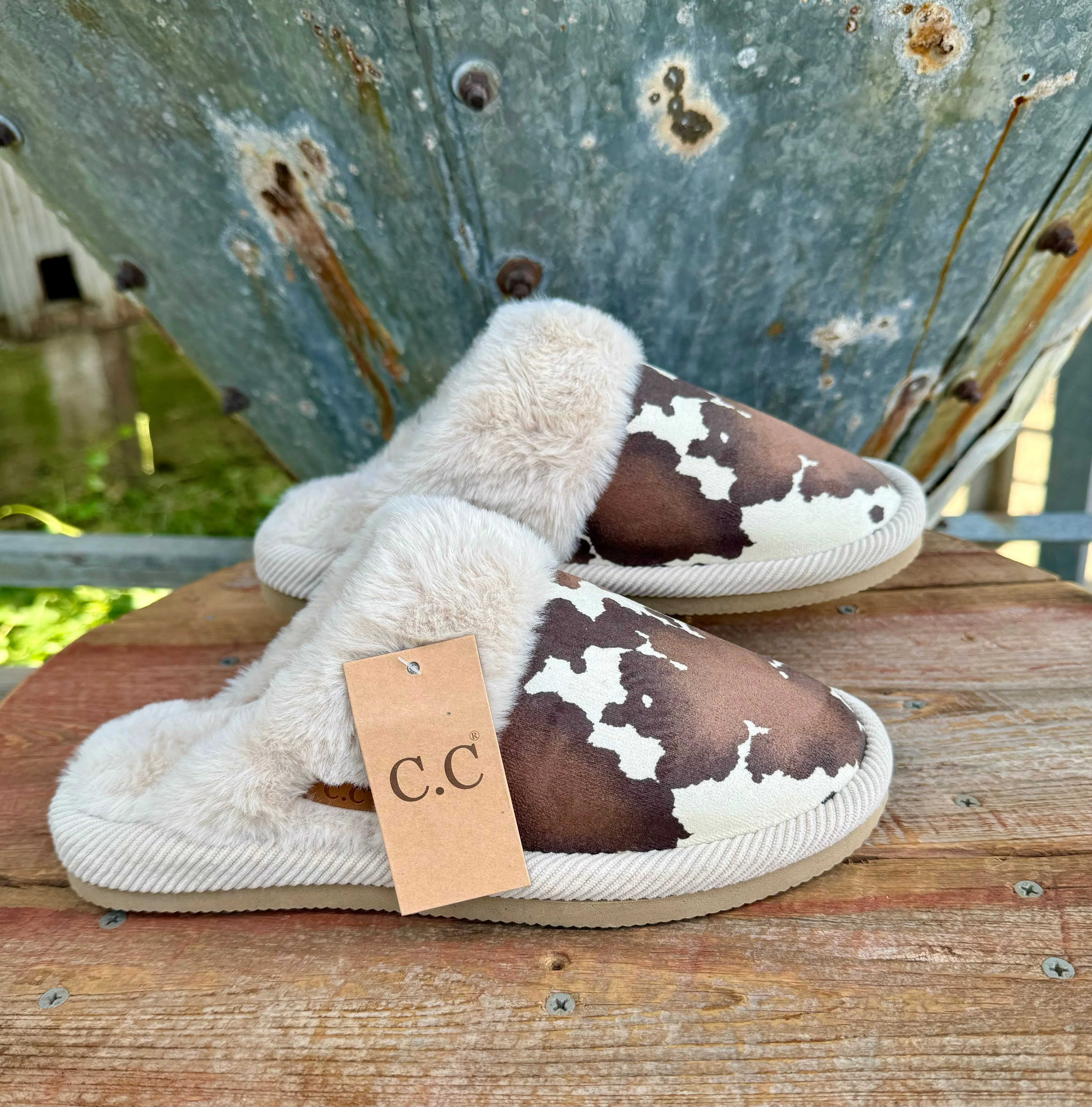 Cow Print Fur Slippers
