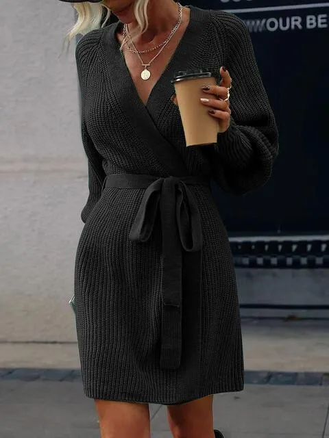Cozy In Style Knit Long Sleeve Wrap Sweater Dress