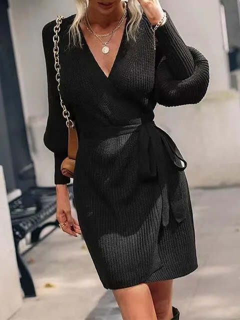 Cozy In Style Knit Long Sleeve Wrap Sweater Dress