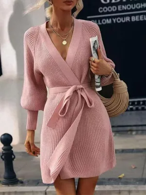 Cozy In Style Knit Long Sleeve Wrap Sweater Dress