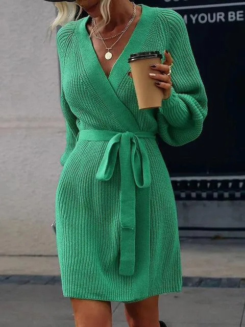 Cozy In Style Knit Long Sleeve Wrap Sweater Dress