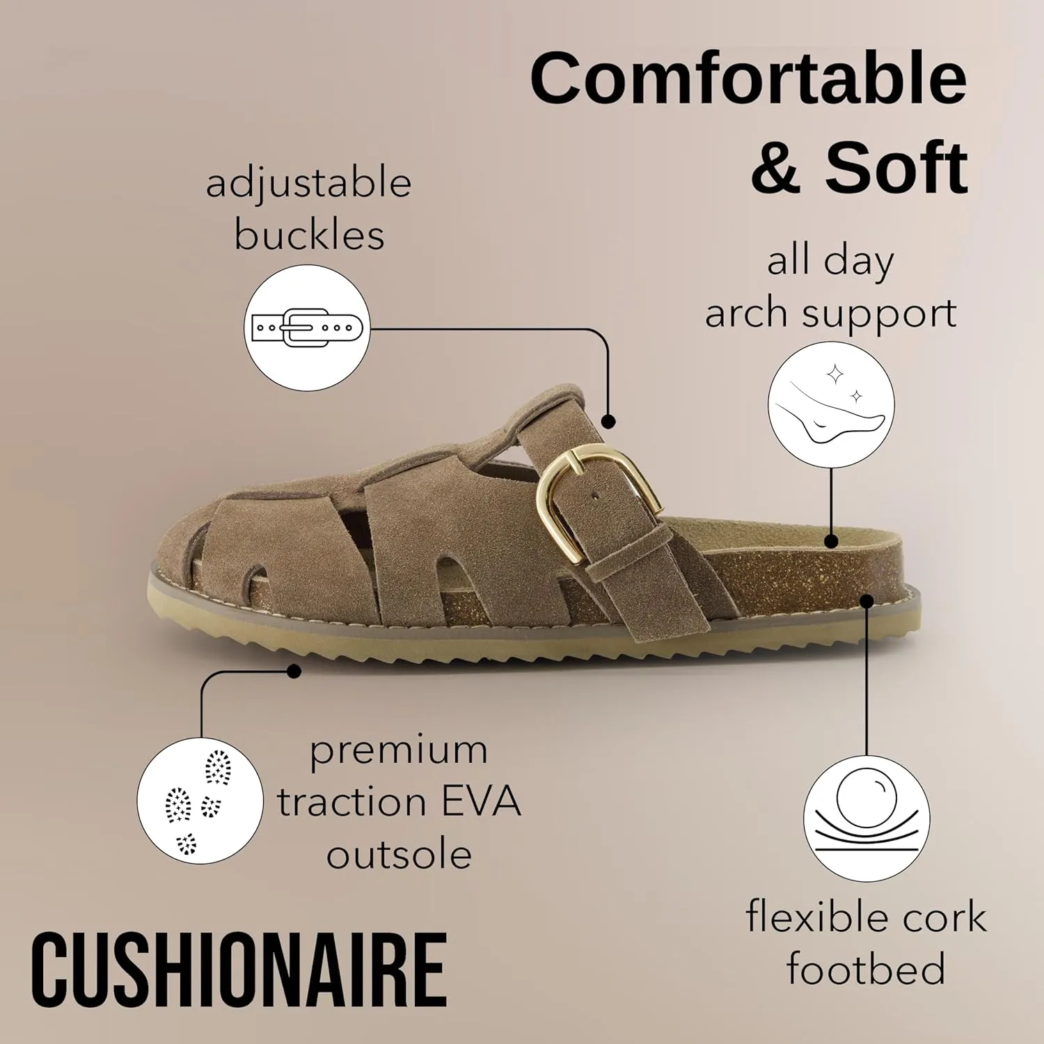 CUSHIONAIRE Benson Womens Fisherman Clog  Suede Slip-On Sandal with Adjustable Buckle & Contoured Cork Footbed