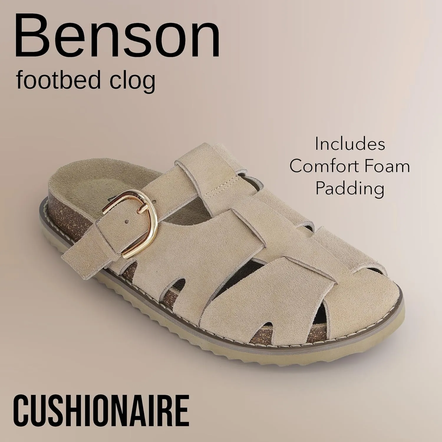 CUSHIONAIRE Benson Womens Fisherman Clog  Suede Slip-On Sandal with Adjustable Buckle & Contoured Cork Footbed