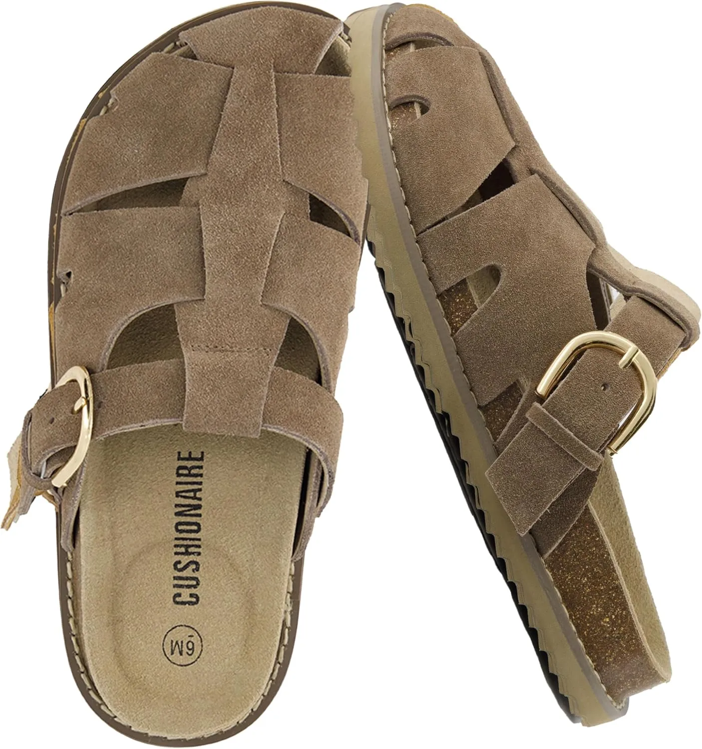 CUSHIONAIRE Benson Womens Fisherman Clog  Suede Slip-On Sandal with Adjustable Buckle & Contoured Cork Footbed