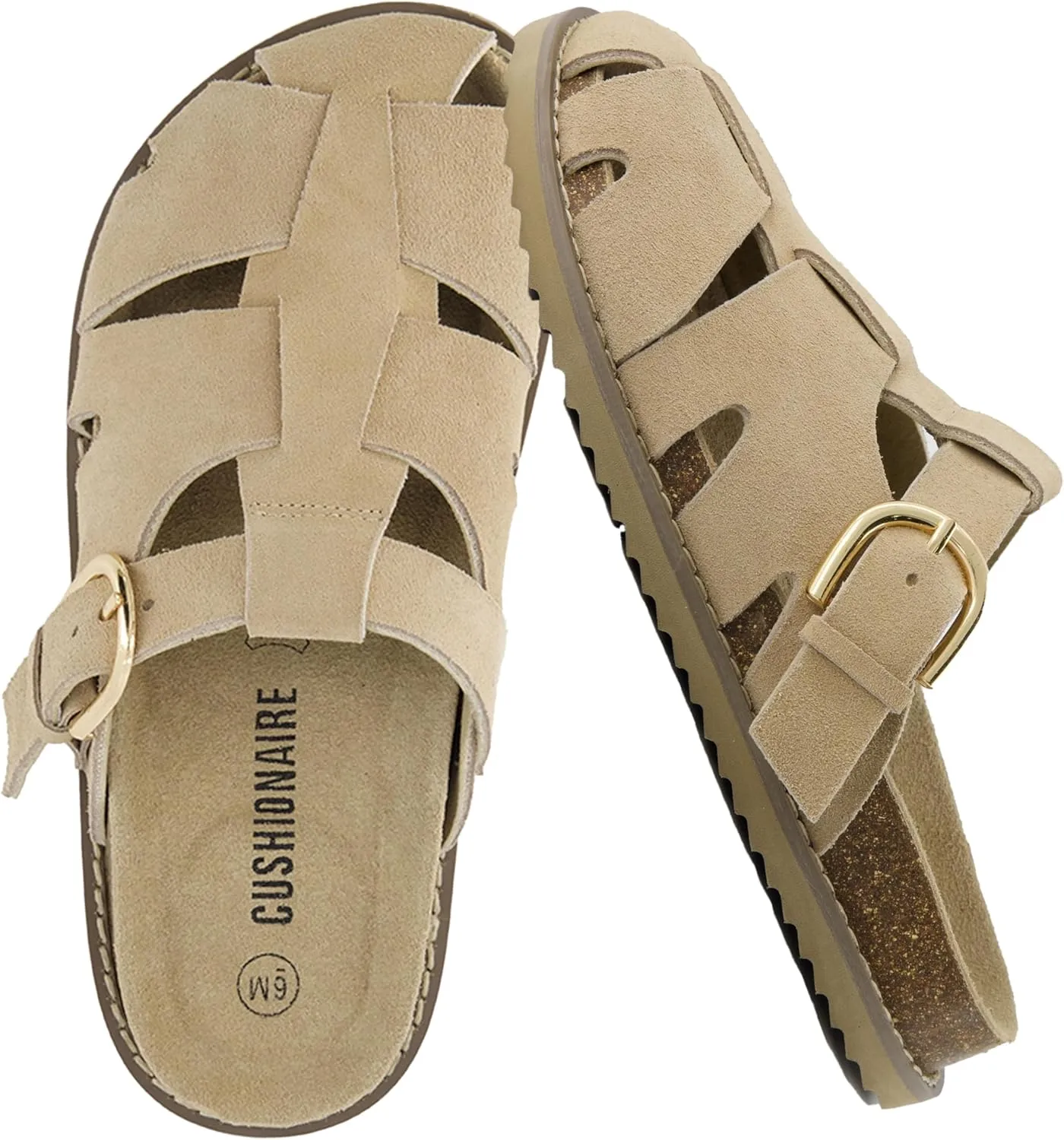 CUSHIONAIRE Benson Womens Fisherman Clog  Suede Slip-On Sandal with Adjustable Buckle & Contoured Cork Footbed