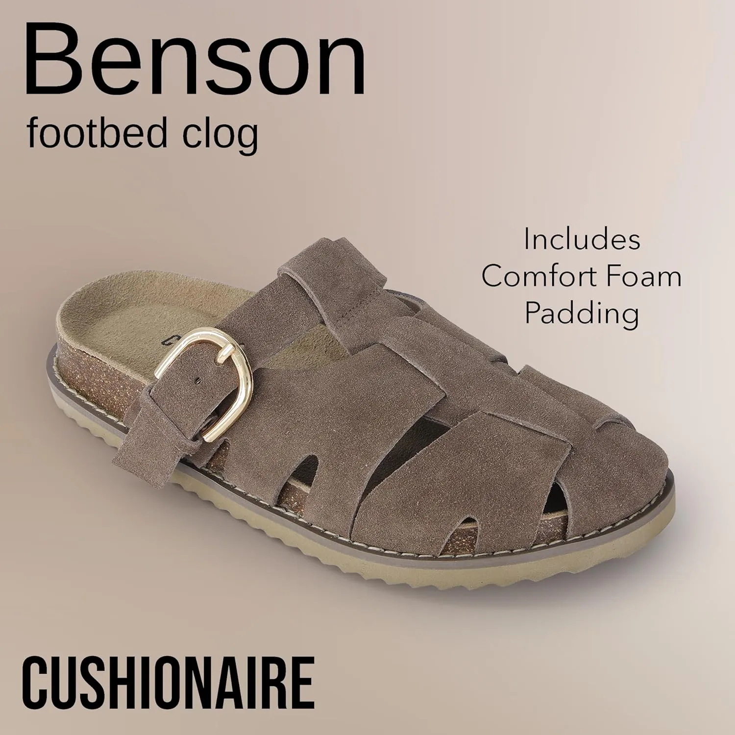 CUSHIONAIRE Benson Womens Fisherman Clog  Suede Slip-On Sandal with Adjustable Buckle & Contoured Cork Footbed