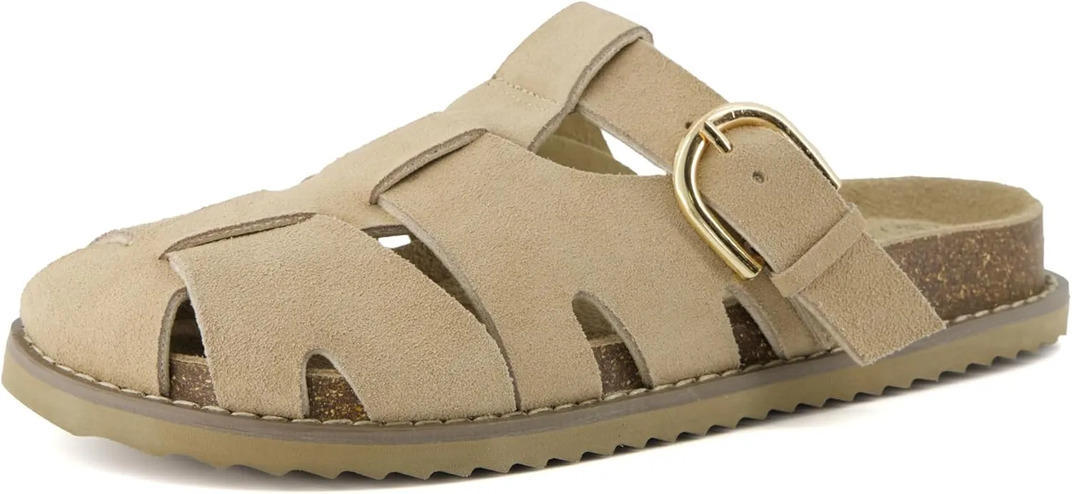 CUSHIONAIRE Benson Womens Fisherman Clog  Suede Slip-On Sandal with Adjustable Buckle & Contoured Cork Footbed