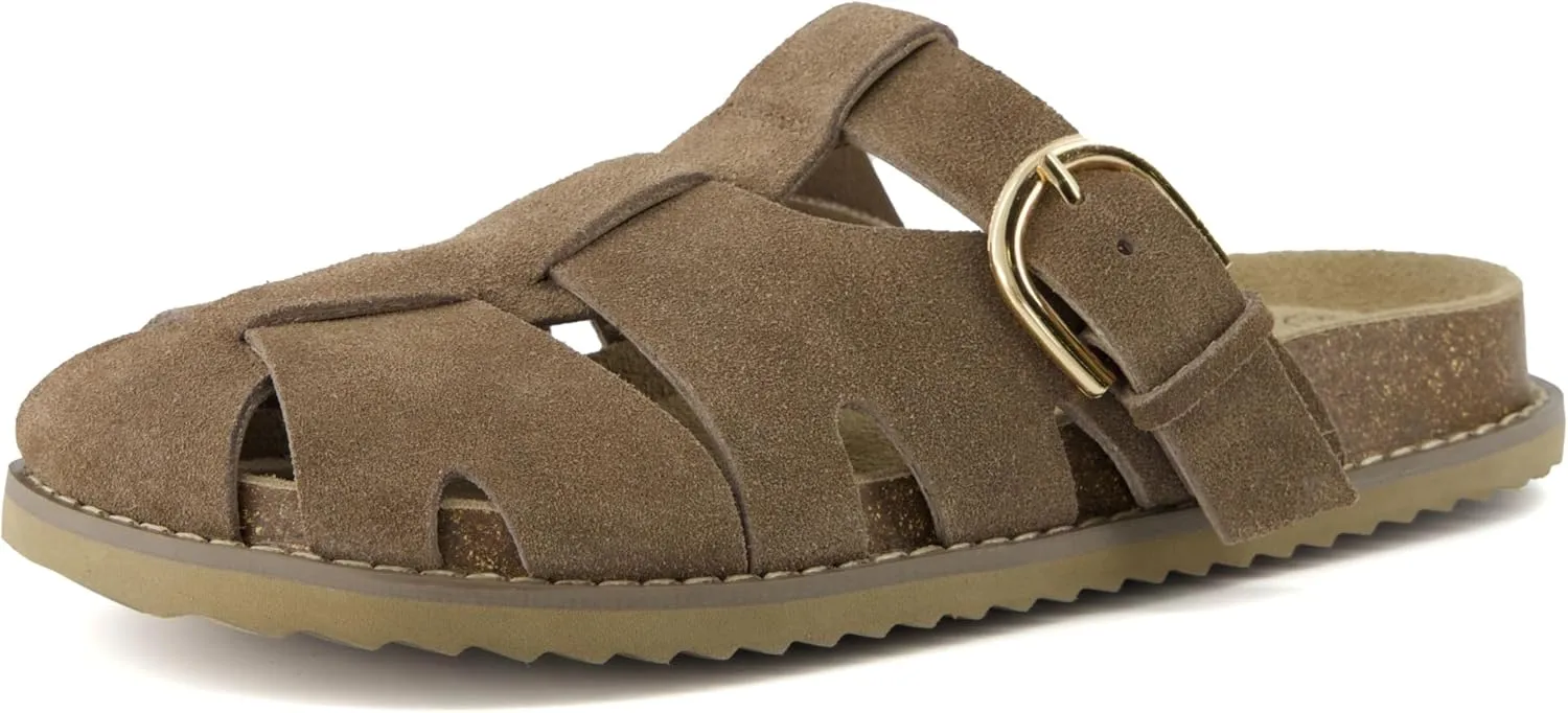 CUSHIONAIRE Benson Womens Fisherman Clog  Suede Slip-On Sandal with Adjustable Buckle & Contoured Cork Footbed