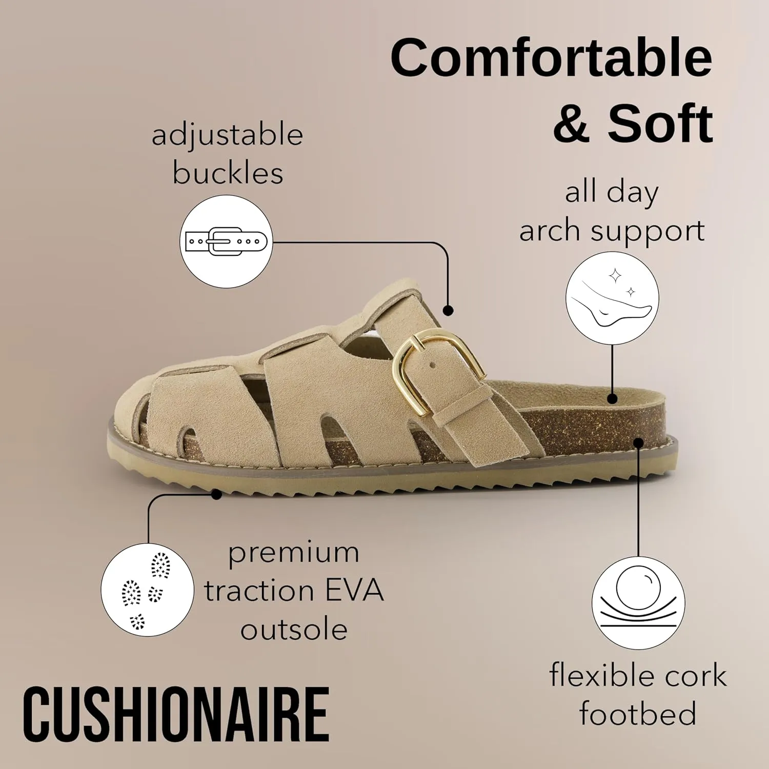 CUSHIONAIRE Benson Womens Fisherman Clog  Suede Slip-On Sandal with Adjustable Buckle & Contoured Cork Footbed