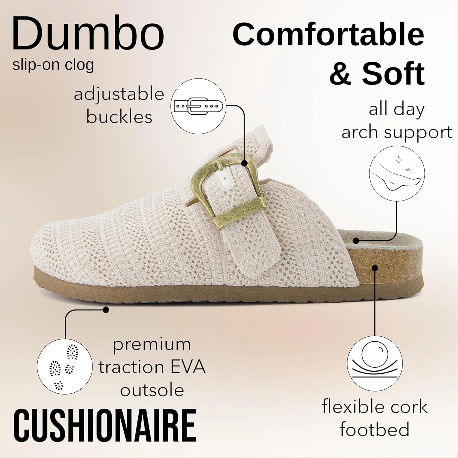 CUSHIONAIRE Dumbo Slip-On Clogs for Women with Textured Knit Upper, Adjustable Buckle, and Cushioned Footbed  Stylish and Comfortable Women's Shoes