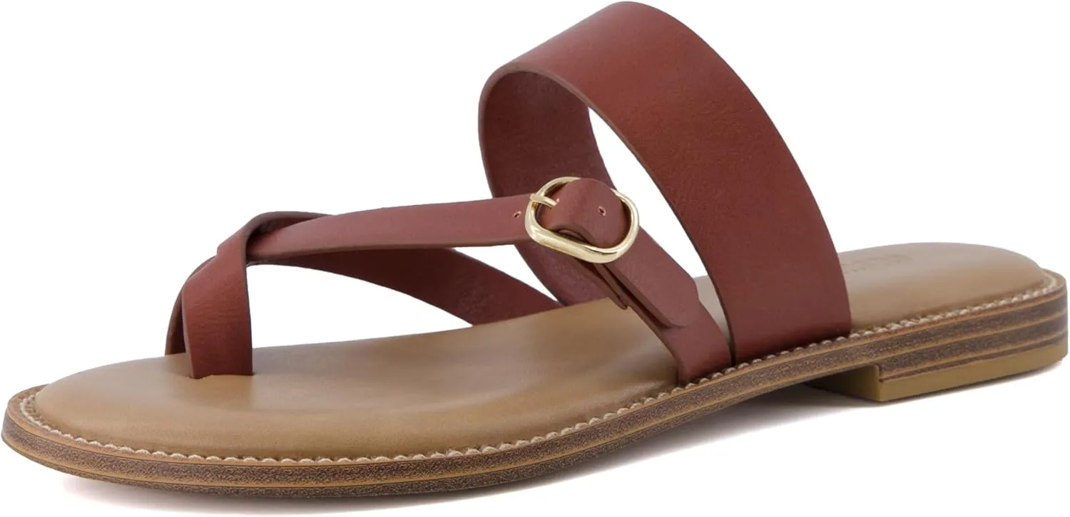 CUSHIONAIRE Laws Womens Flat Sandal  Faux Leather Slip-On with Toe Loop, Adjustable Buckle & Cushioned Footbed
