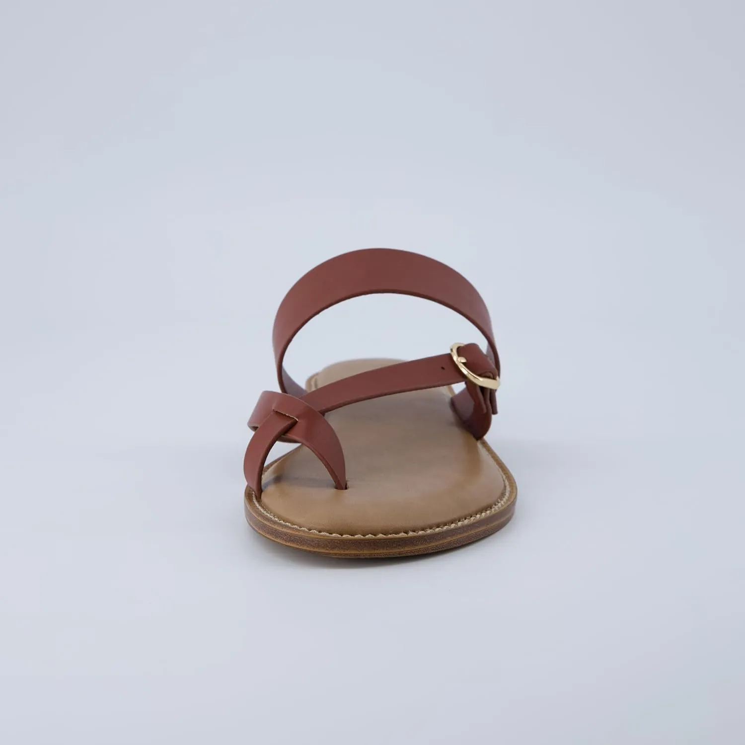 CUSHIONAIRE Laws Womens Flat Sandal  Faux Leather Slip-On with Toe Loop, Adjustable Buckle & Cushioned Footbed