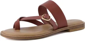CUSHIONAIRE Laws Womens Flat Sandal  Faux Leather Slip-On with Toe Loop, Adjustable Buckle & Cushioned Footbed