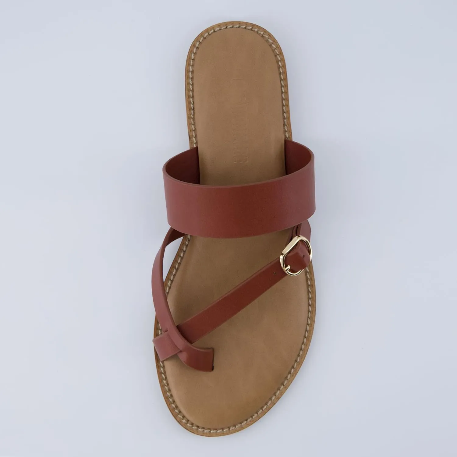 CUSHIONAIRE Laws Womens Flat Sandal  Faux Leather Slip-On with Toe Loop, Adjustable Buckle & Cushioned Footbed