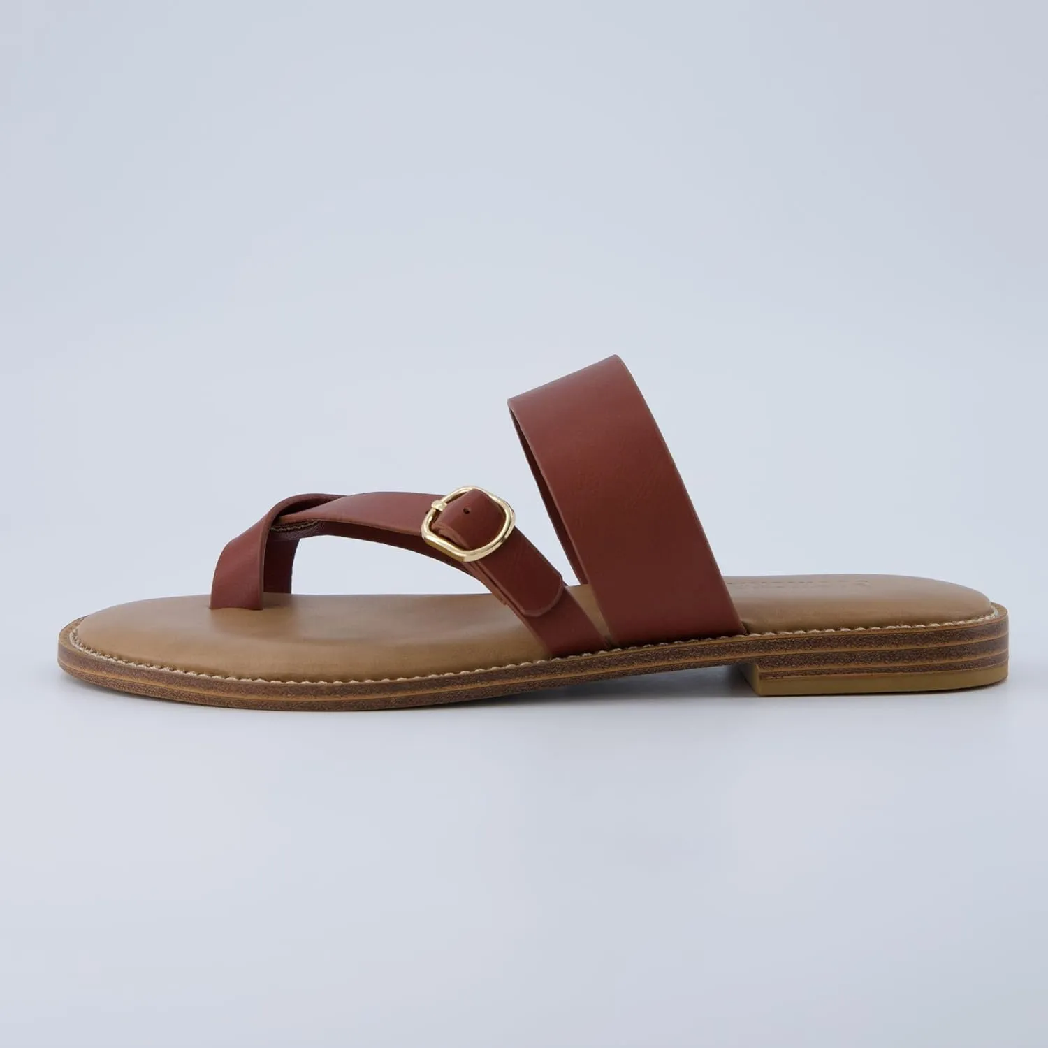 CUSHIONAIRE Laws Womens Flat Sandal  Faux Leather Slip-On with Toe Loop, Adjustable Buckle & Cushioned Footbed