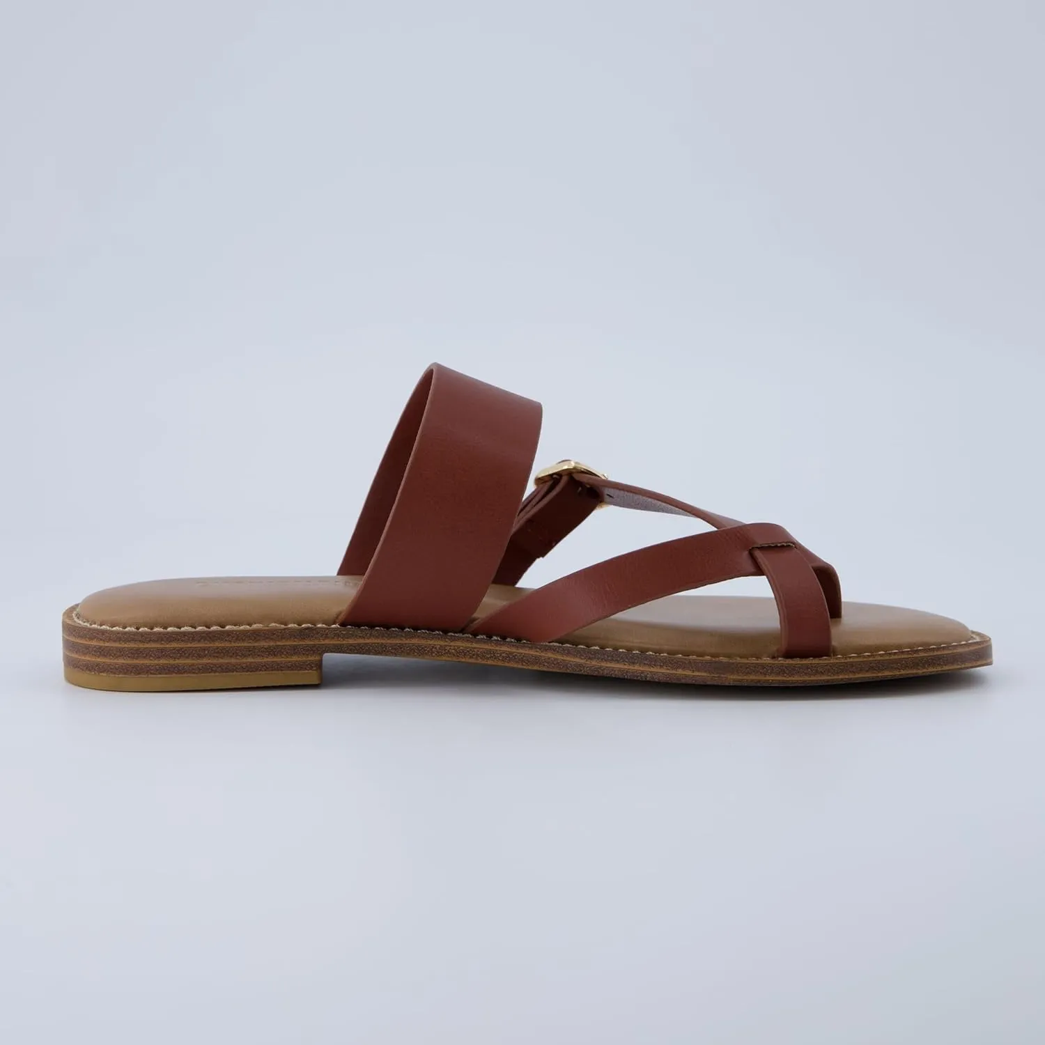 CUSHIONAIRE Laws Womens Flat Sandal  Faux Leather Slip-On with Toe Loop, Adjustable Buckle & Cushioned Footbed