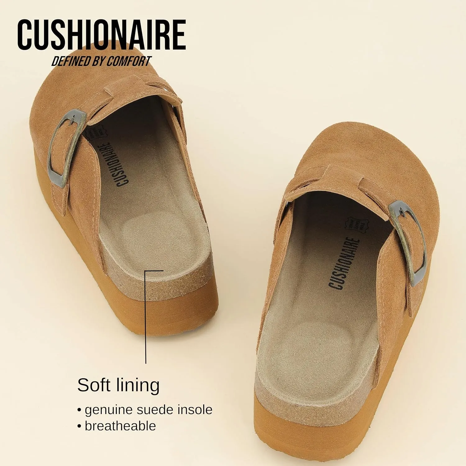 CUSHIONAIRE Women's Granola *Previous Buckle Issue Fixed* Genuine Suede Cork Footbed Platform Clog,  Comfort, Wide Widths Available