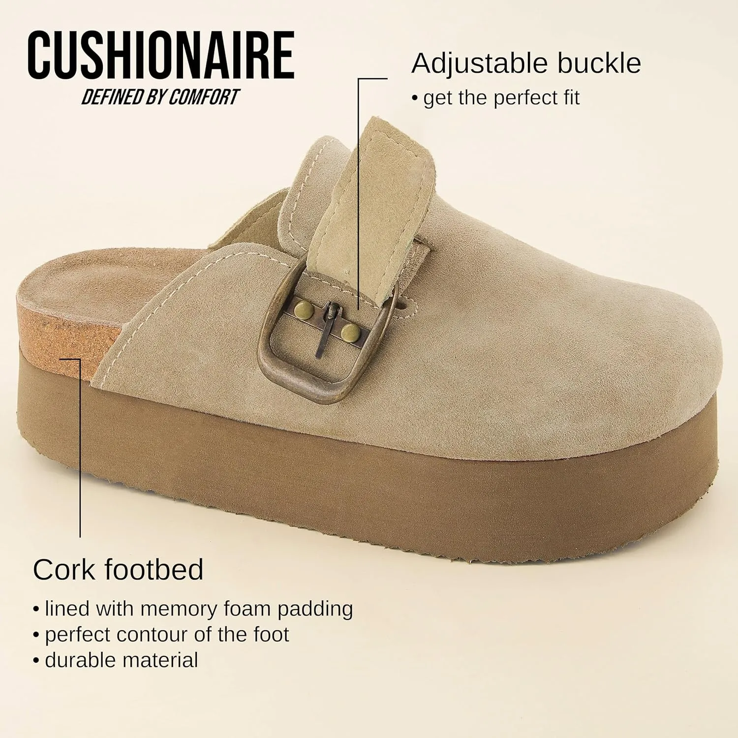 CUSHIONAIRE Women's Granola *Previous Buckle Issue Fixed* Genuine Suede Cork Footbed Platform Clog,  Comfort, Wide Widths Available