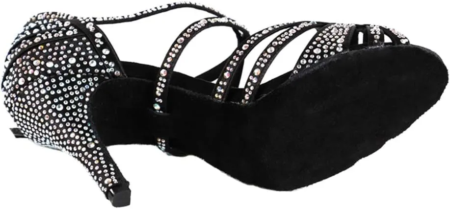 DKZSYIM Women 's Satin Latin Dance Shoes Rhinestone Ballroom Salsa Performance Practice Dancing Shoes,Model YCL356