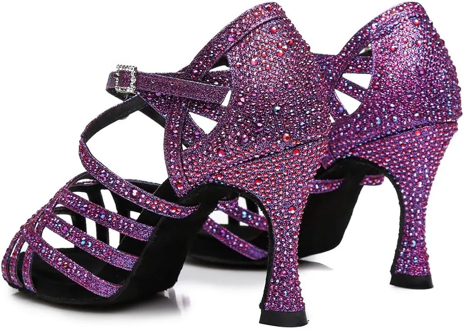 DKZSYIM Women 's Satin Latin Dance Shoes Rhinestone Ballroom Salsa Performance Practice Dancing Shoes,Model YCL356