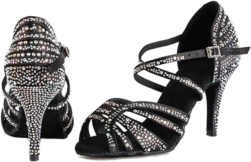 DKZSYIM Women 's Satin Latin Dance Shoes Rhinestone Ballroom Salsa Performance Practice Dancing Shoes,Model YCL356