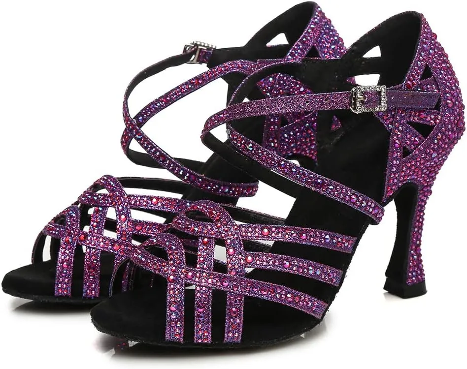 DKZSYIM Women 's Satin Latin Dance Shoes Rhinestone Ballroom Salsa Performance Practice Dancing Shoes,Model YCL356