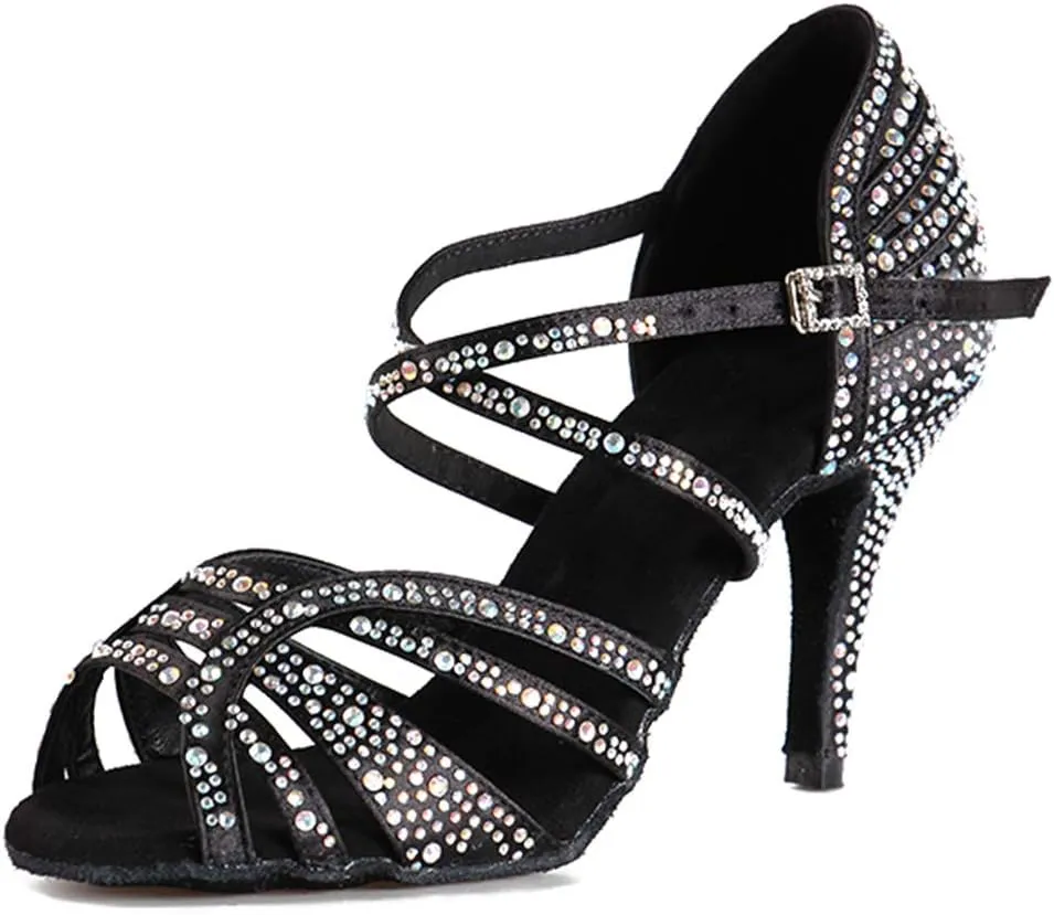 DKZSYIM Women 's Satin Latin Dance Shoes Rhinestone Ballroom Salsa Performance Practice Dancing Shoes,Model YCL356