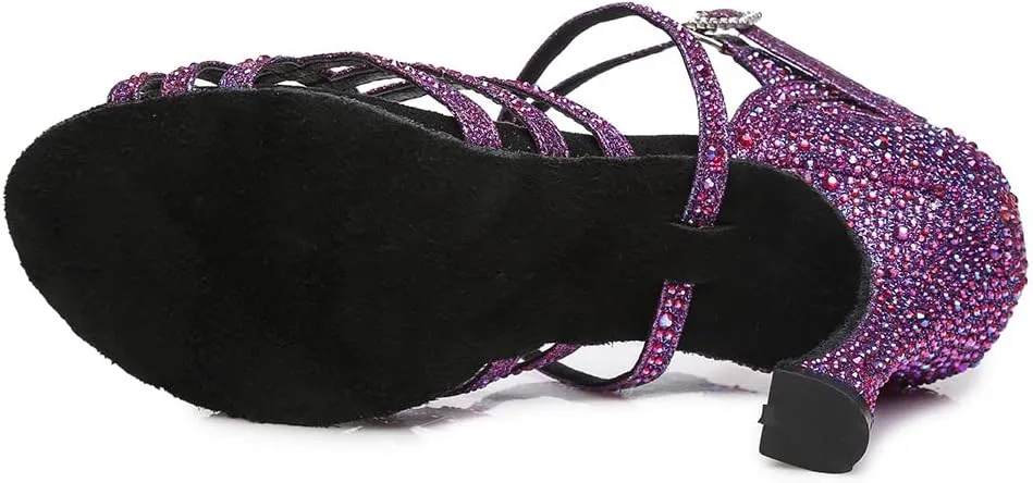 DKZSYIM Women 's Satin Latin Dance Shoes Rhinestone Ballroom Salsa Performance Practice Dancing Shoes,Model YCL356