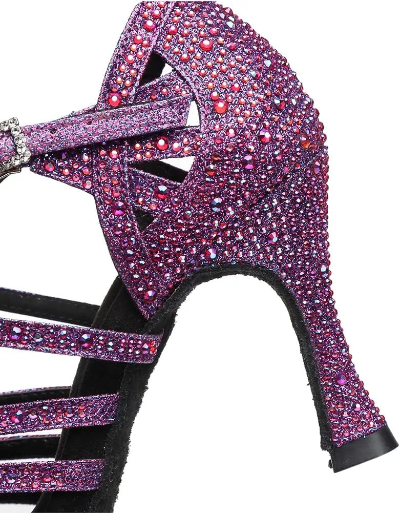 DKZSYIM Women 's Satin Latin Dance Shoes Rhinestone Ballroom Salsa Performance Practice Dancing Shoes,Model YCL356