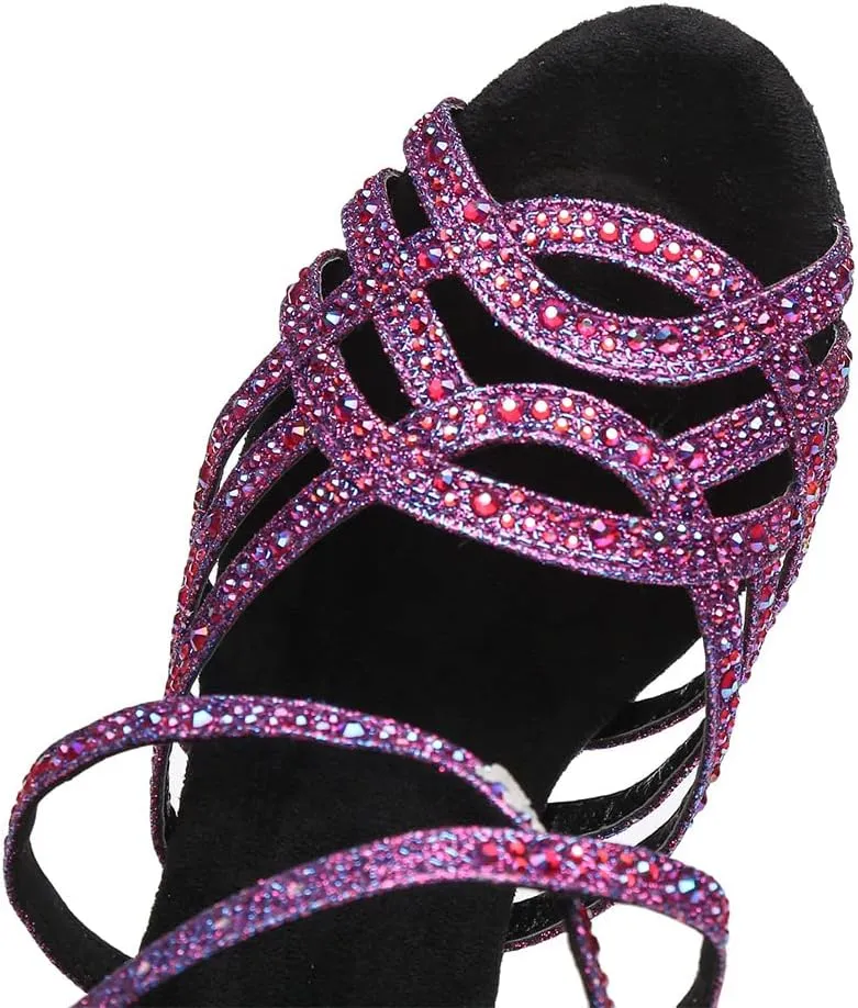 DKZSYIM Women 's Satin Latin Dance Shoes Rhinestone Ballroom Salsa Performance Practice Dancing Shoes,Model YCL356