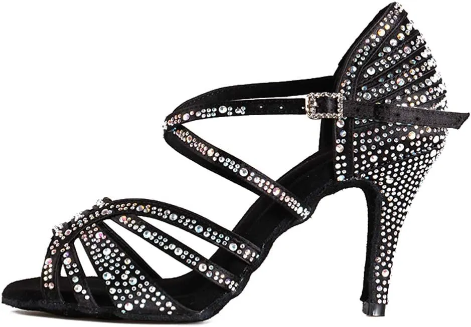 DKZSYIM Women 's Satin Latin Dance Shoes Rhinestone Ballroom Salsa Performance Practice Dancing Shoes,Model YCL356