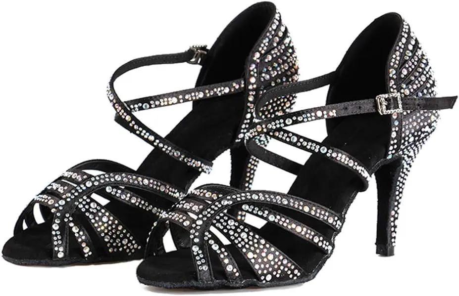 DKZSYIM Women 's Satin Latin Dance Shoes Rhinestone Ballroom Salsa Performance Practice Dancing Shoes,Model YCL356